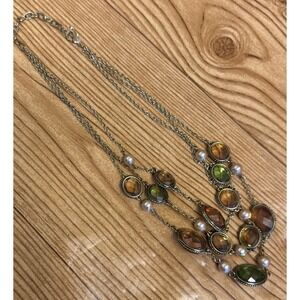 3 Strand Glass Bead & Pearl Station Necklace Adjustable Beads Beaded